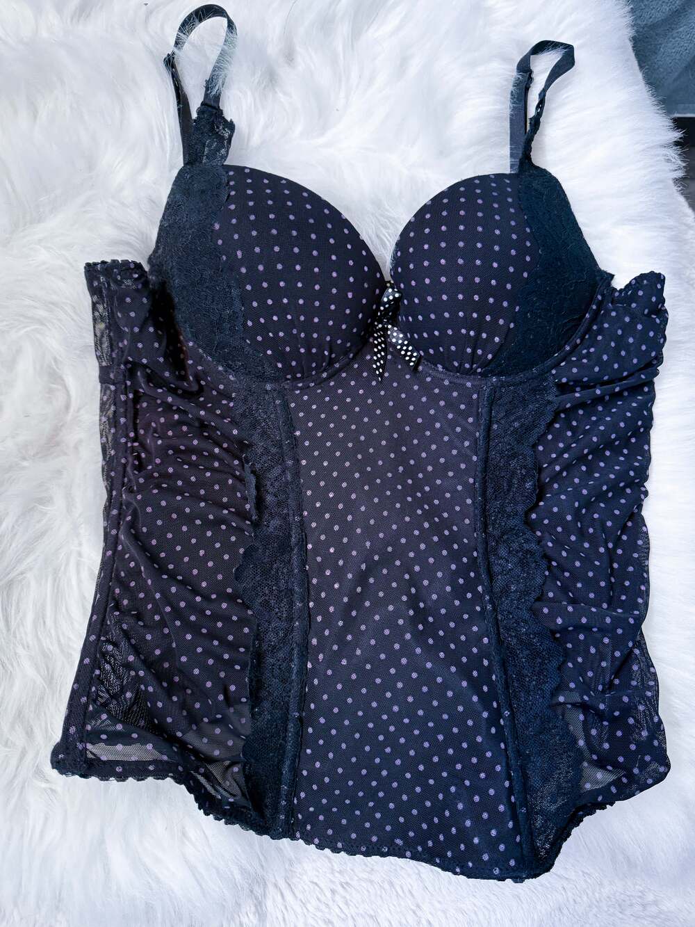 Per Lei Black & Purple Polka Dot Corset Top Lace Trim Ruffle Busty Size M